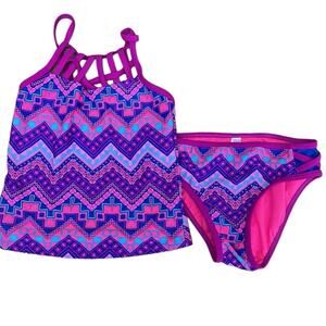 SO purple & pink geometric 2-piece swimsuit set size girls 10